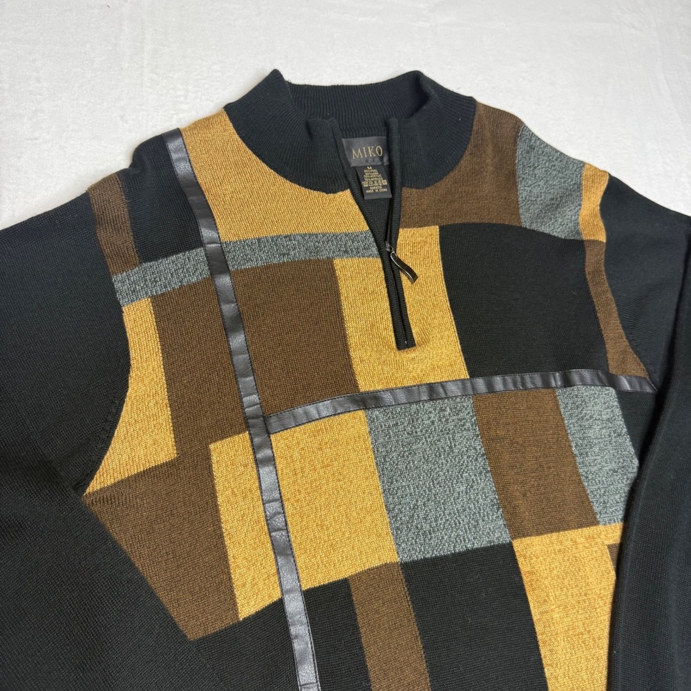 Miko Mens Geometric Patchwork 1/4 Zip Sweater Brown Black Gold Leather Trim M